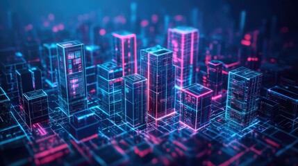 Obraz premium A futuristic cityscape rendered in neon colors, showcasing digital architecture and technology.