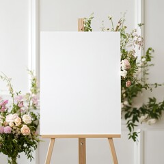Close-up of a white welcome sign on a white easel. presentation of a wedding.