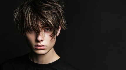 Naklejka premium Close-up portrait of a young man with messy, dark hair and intense gaze against a black background.