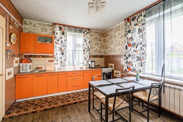 interior apartment kitchen and dining room, refectory area, cooking equipment, table furniture,...