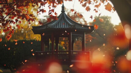 Fototapeta premium Serene autumn scene with a traditional gazebo surrounded by colorful leaves and warm sunlight in a peaceful garden.