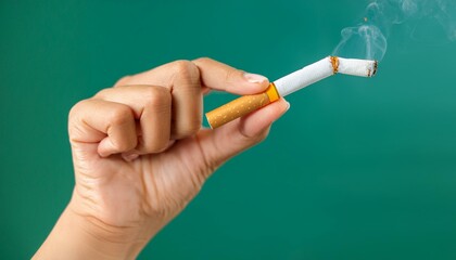 Women hand crushing cigarette on green background, Concept Quitting smoking, World No Tobacco Day. say no. quit smoking for health. drugs, Lung Cancer, emphysema, Break free from dangerous smoking