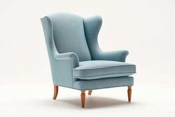 detailed studio image of classic wingback chair upholstered in soft blue linen resting on wooden legs with natural