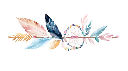 Fototapeta premium Watercolor boho arrow with soft pastel feathers and dreamcatcher design