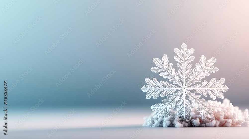 Poster Snowflake abstract background idea. A beautifully detailed snowflake resting on soft snow, capturing winter's tranquility.