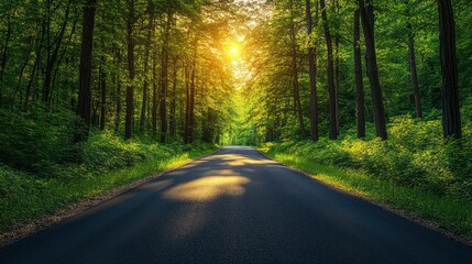 Obraz premium Sunlit Forest Road at Sunset - Serene Nature Scene