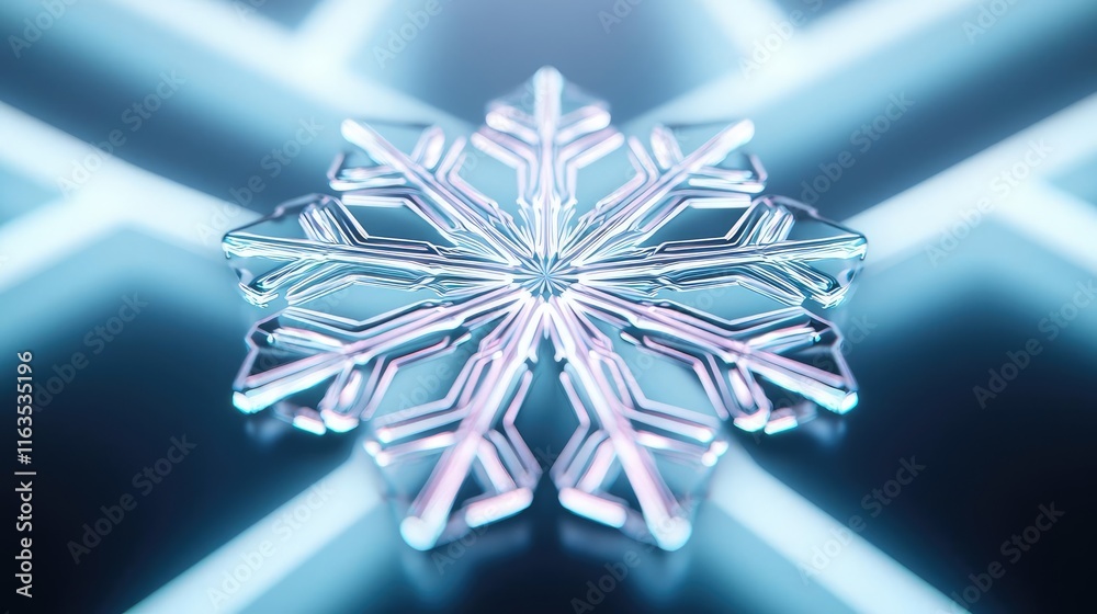 Poster snowflake abstract background idea. a beautifully crafted ice crystal snowflake glimmers in soft blu