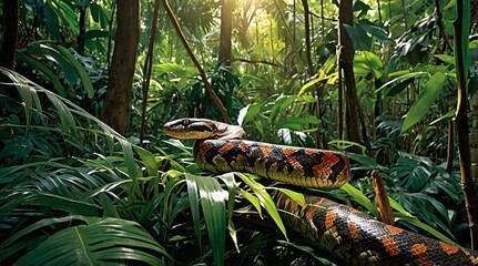 Discovering the vibrant life of a tropical forest with a striking snake basking in golden sunlight among lush greenery
