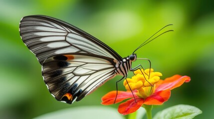 Fototapeta premium Close-up of a Striking Black and White Butterfly on a Vibrant Flower