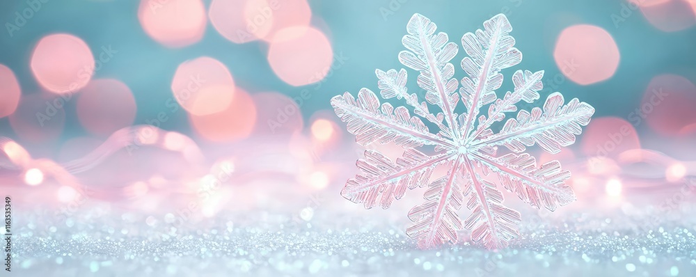 Poster Snowflake abstract background idea. Delicate snowflake ornament glistens amidst dreamy colorful bokeh background.