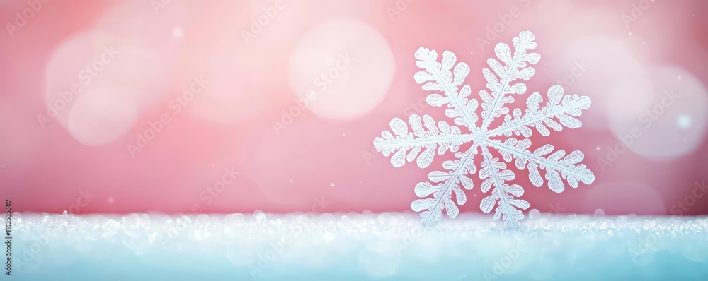 Poster Snowflake abstract background idea. A delicate snowflake resting on a soft, snowy surface with a dreamy pink backdrop.