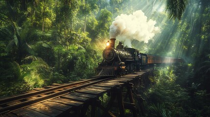Naklejka premium Vintage steam train traversing a wooden bridge through a lush jungle forest, sunlight beams through the canopy.