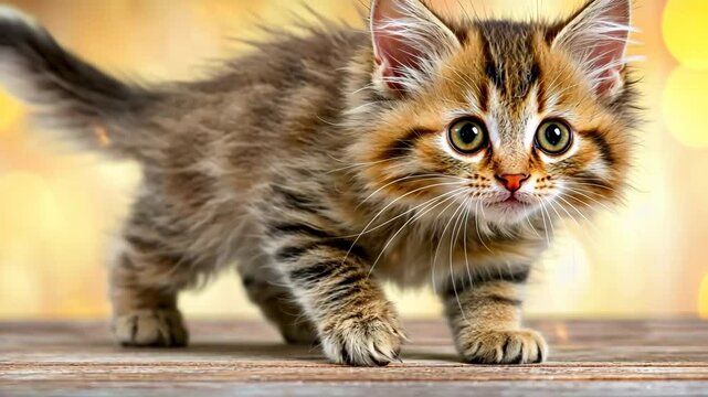 A small, fluffy feline with soft fur, big round eyes, and playful personality, the kitten prances around with endless energy and curiosity, capturing hearts with its adorably mischievous antics.