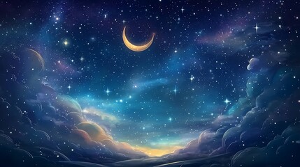 Night sky with crescent moon, clouds, and stars.  Vast, starry sky,  nighttime, moon, clouds, cosmos, 