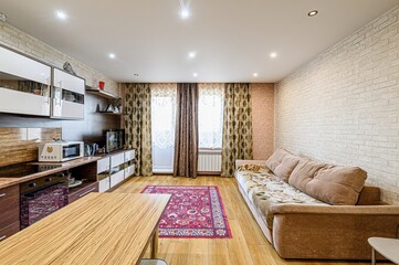 interior apartment kitchen and dining room, refectory area, cooking equipment, table furniture, stove