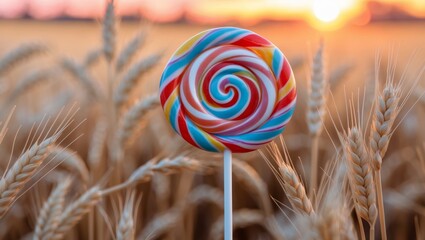 A Swirled Lollipop Stands in Golden Wheat Field Sunset