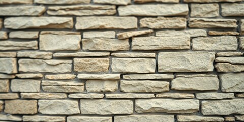Obraz premium Textured Cream-Colored Stone Wall Background Irregular Pattern of Rectangular and Irregularly Shaped Blocks