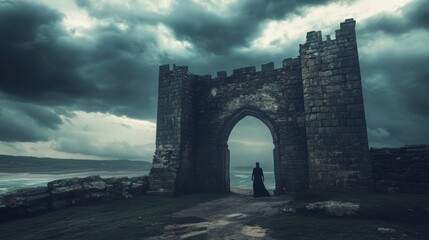 Mysterious figure in dark robe stands at ancient stone archway overlooking stormy sea.