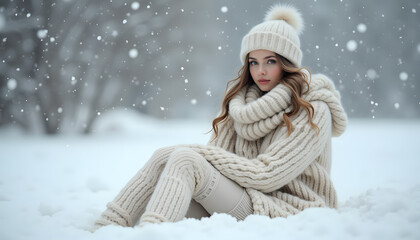 Fototapeta premium A serene winter scene featuring a close-up of a stunningly beautiful woman sitting on soft, fluffy snow, enveloped by a dreamy snowstorm. 