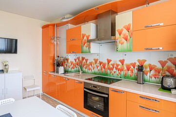 interior apartment kitchen and dining room, refectory area, cooking equipment, table furniture, stove