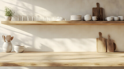 Minimalist Kitchen Backdrop with Empty Oak Shelves and Simple Tableware, Perfect for Culinary Designs and Home Decor Inspiration