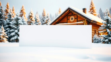 Blank Sign in Snowy Winter Wonderland Setting with Cozy Cabin