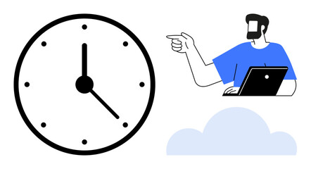 Clock with visible hands and dot markers, man at laptop pointing right, blue cloud below. Ideal for time management, productivity, deadlines, scheduling, remote work, efficiency minimalism themes