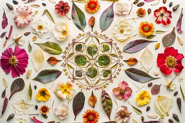 A vibrant flatlay showcasing a meticulously arranged floral mandala. Colorful petals, leaves, and seeds form a symmetrical design on a light background. Botanical art and natures symmetry 