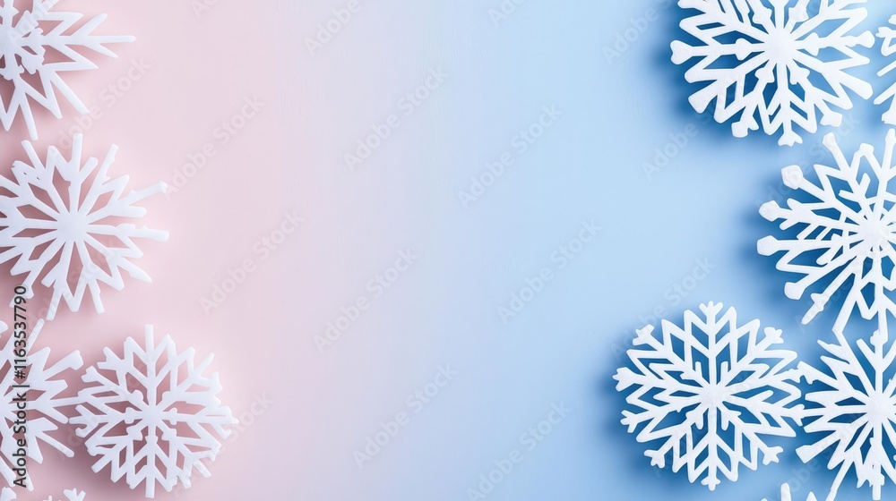 Poster Snowflake abstract background idea. Beautiful snowflake decorations on a pastel background for winter aesthetics.