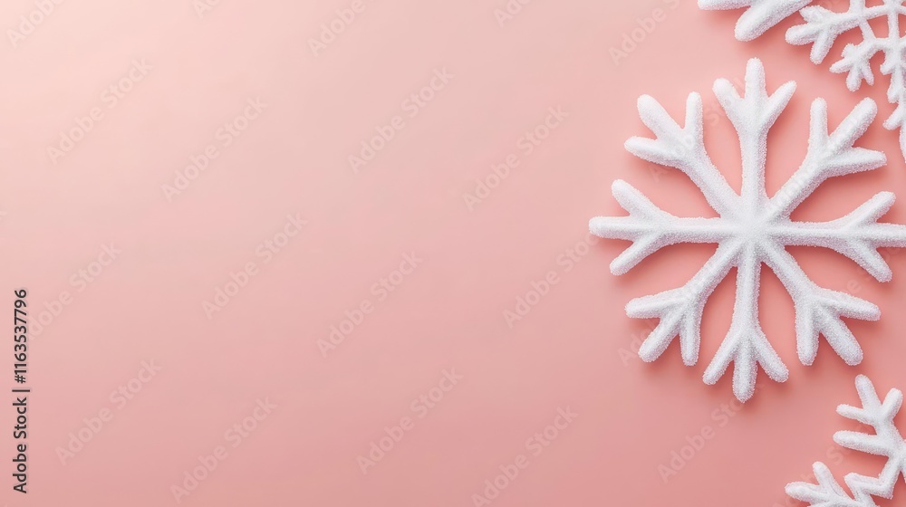 Poster Snowflake abstract background idea. Elegant white snowflakes on a soft pink background, perfect for winter themes.