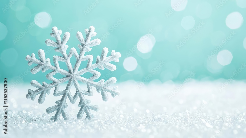 Poster Snowflake abstract background idea. A delicate snowflake resting on a layer of shimmering snow in a serene winter setting.