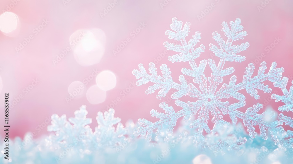 Poster Snowflake abstract background idea. A delicate snowflake resting on soft blue snow against a dreamy pink background.