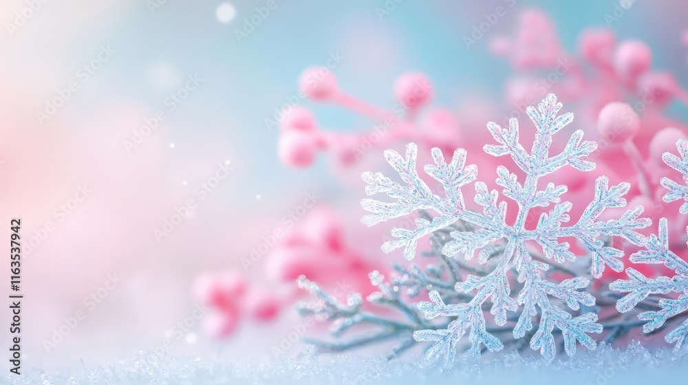 Poster Snowflake abstract background idea. Delicate snowflake surrounded by soft pink berries on a tranquil winter backdrop.