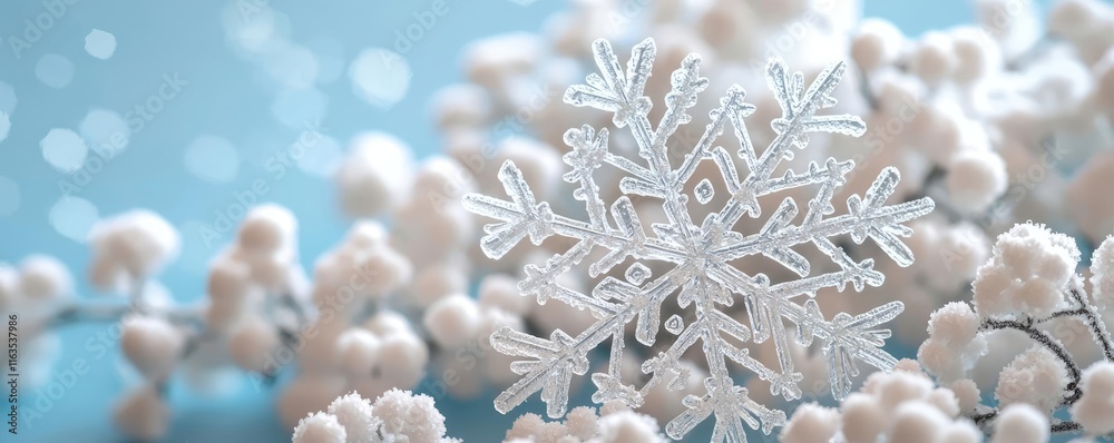 Aufkleber Snowflake abstract background idea. A close-up of a delicate snowflake resting on soft, fluffy snow in a serene winter scene.