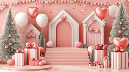 Romantic Valentine's Day Gift Presentation: Pink and White Festive Scene with Gifts, Balloons, and Christmas Trees