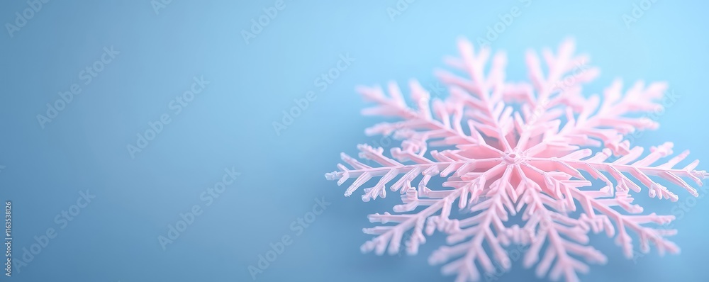 Poster Snowflake abstract background idea. Delicate pink snowflake on a soft blue background, symbolizing winter beauty.