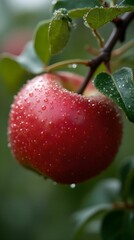 Red apple hanging on a tree in dew, close-up