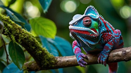 Fototapeta premium Vivid chameleon rests serenely on a branch, showcasing brilliant colors amidst lush foliage during a tranquil afternoon in the rainforest