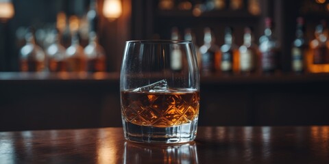 a glass of whiskey on the bar in front of the bar