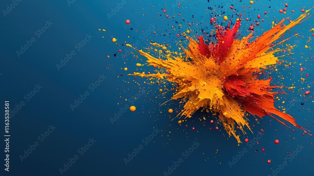 Poster splatter abstract background concept. vibrant color splash on blue backdrop representing creativity 