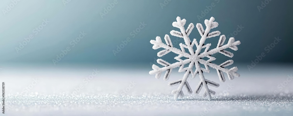 Poster Snowflake abstract background idea. A delicate snowflake resting on a smooth surface, symbolizing winter's beauty.