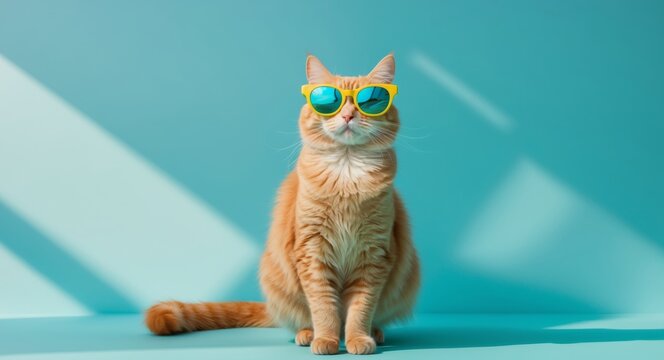 Trendy ginger cat wearing sunglasses on a turquoise background