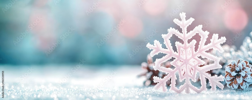 Poster Snowflake abstract background idea. Delicate snowflake resting on pinecones with a soft bokeh background.