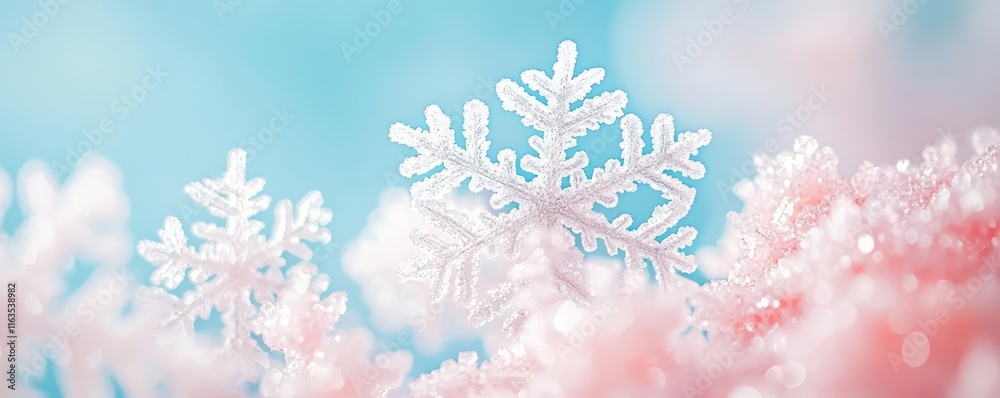 Poster snowflake abstract background idea. delicate snowflakes glisten against a soft pastel background, em