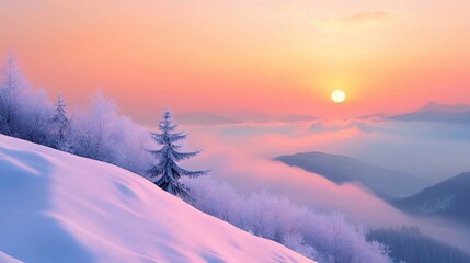 Fototapeta premium Majestic winter sunrise over snow-covered mountain peaks with frosted trees and a vibrant sky.
