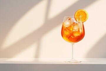 glossy studio image of aperol spritz in balloon glass its vibrant orange liquid filled with ice cubes and garnished
