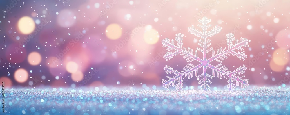 Poster Snowflake abstract background idea. A shimmering snowflake against a colorful winter background of sparkles and lights.