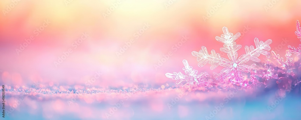 Poster Snowflake abstract background idea. A delicate snowflake rests on a soft, colorful winter background of frost and light.