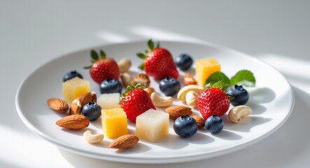Assorted Natural Fruit and Nut Cubes on a White Plate Showcasing Healthy Snack Options for Nutritious Diet and Culinary Inspiration