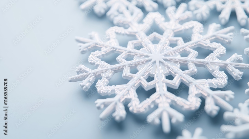 Poster snowflake abstract background idea. close-up of delicate snowflakes against a cool blue background, 